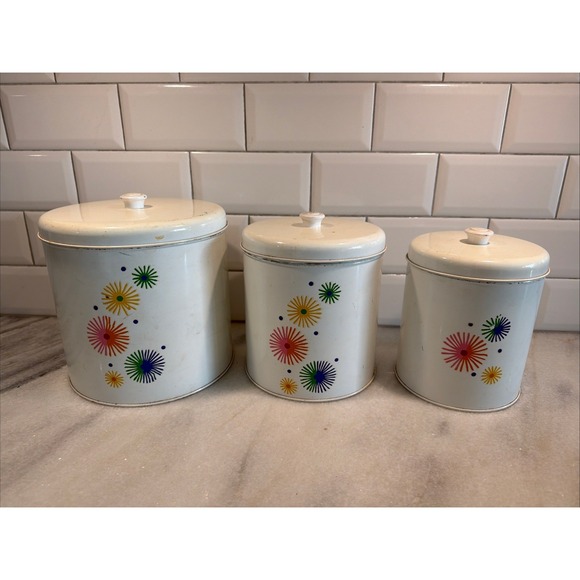 Other - Vintage MCM Atomic Pattern Colorful Metal Canisters GW992